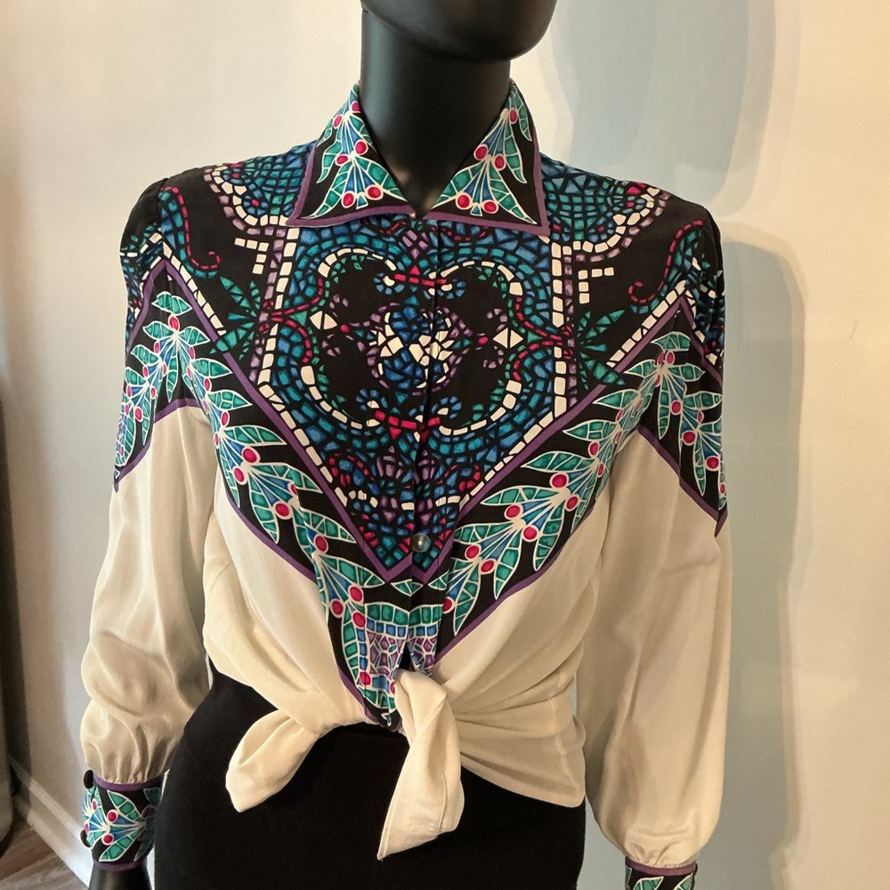 Adrianna Papell Blue and Pink Long Sleeve Button Down Shirt